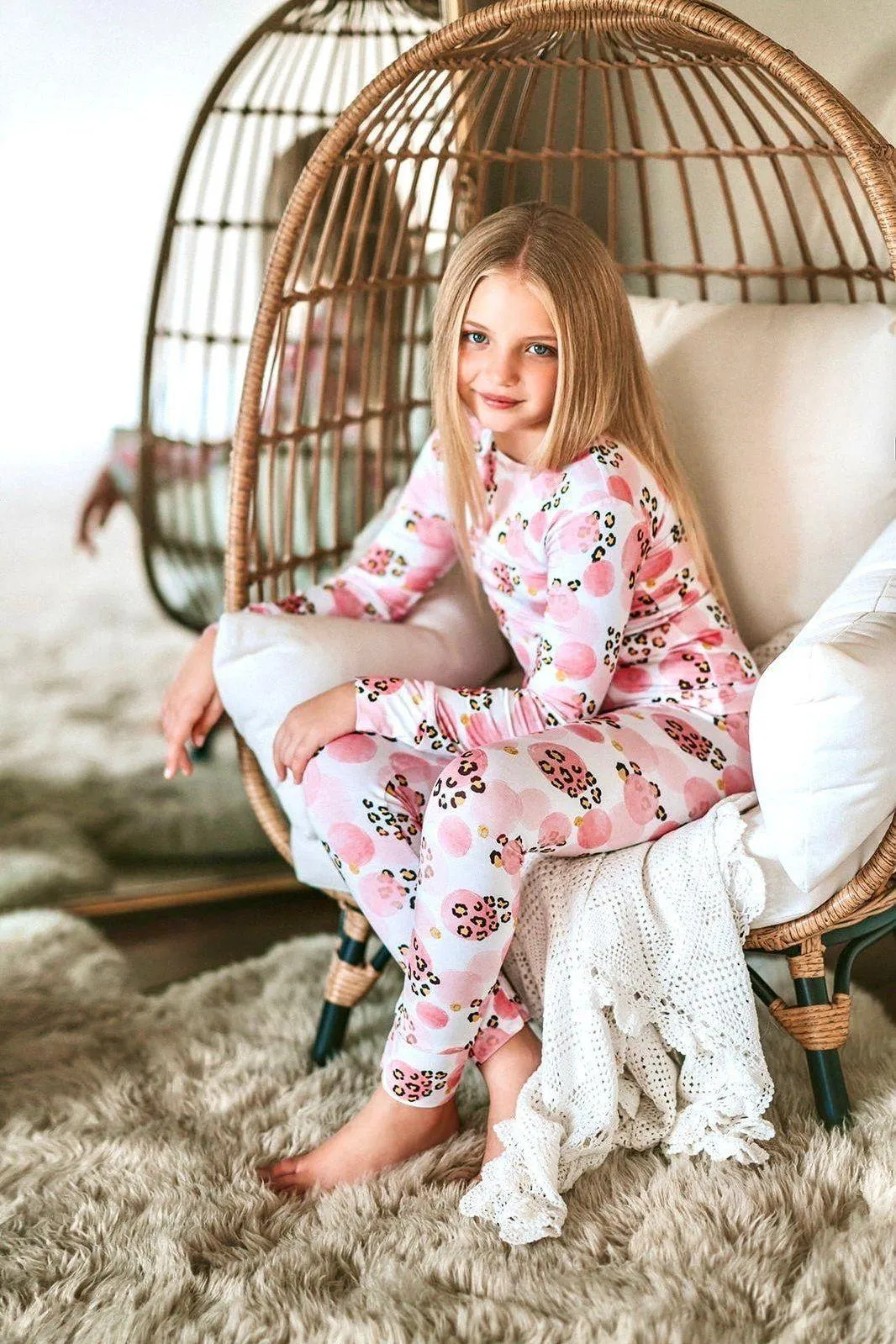 Pink and Black Leopard Print Two-Piece Bamboo Pajama Set for Kids