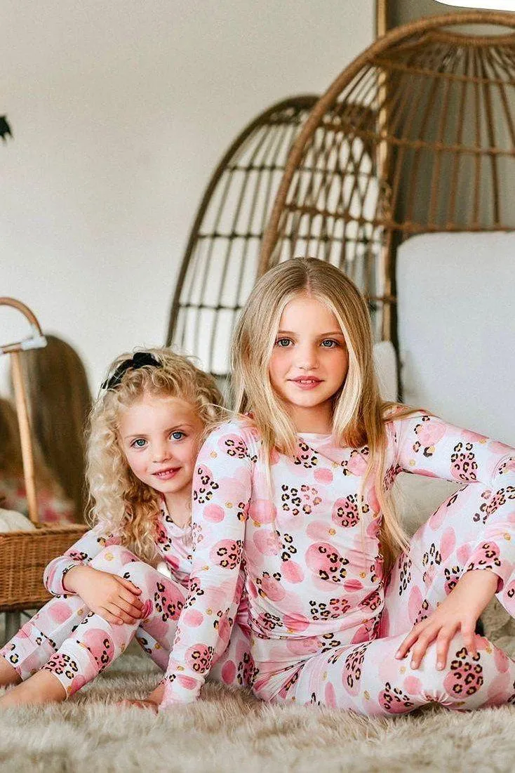 Pink and Black Leopard Print Two-Piece Bamboo Pajama Set for Kids