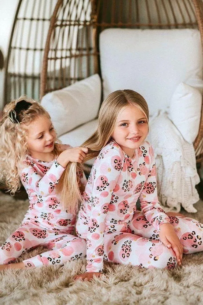 Pink and Black Leopard Print Two-Piece Bamboo Pajama Set for Kids