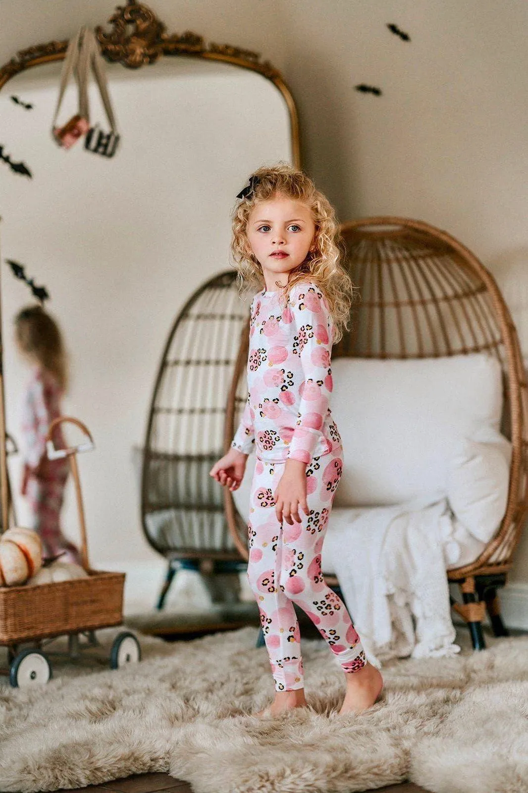 Pink and Black Leopard Print Two-Piece Bamboo Pajama Set for Kids