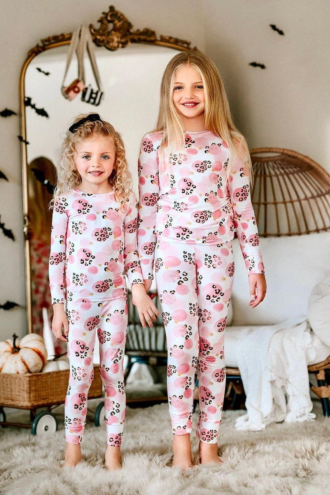 Pink and Black Leopard Print Two-Piece Bamboo Pajama Set for Kids