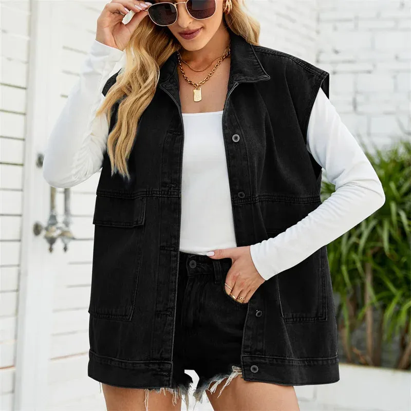 Pink Loose Denim Hooded Tank 2024 Autumn Solid Oversized Sleeveless Female Soft Denim Jacket