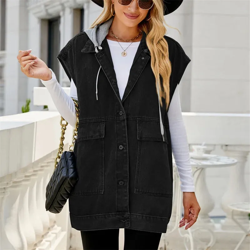 Pink Loose Denim Hooded Tank 2024 Autumn Solid Oversized Sleeveless Female Soft Denim Jacket