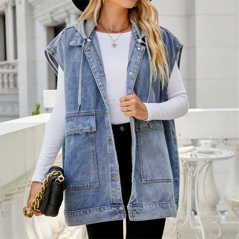 Pink Loose Denim Hooded Tank 2024 Autumn Solid Oversized Sleeveless Female Soft Denim Jacket