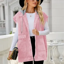 Pink Loose Denim Hooded Tank 2024 Autumn Solid Oversized Sleeveless Female Soft Denim Jacket