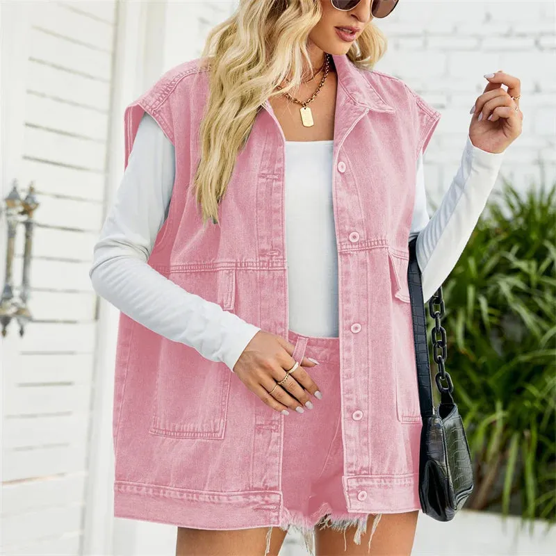 Pink Loose Denim Hooded Tank 2024 Autumn Solid Oversized Sleeveless Female Soft Denim Jacket