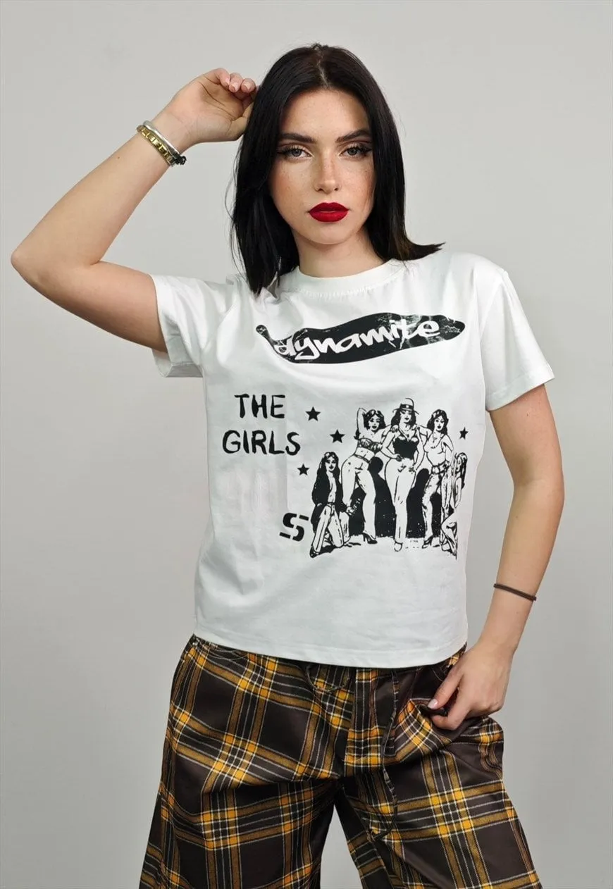 Pinup girls t-shirt retro 70s cartoon cropped tee in white