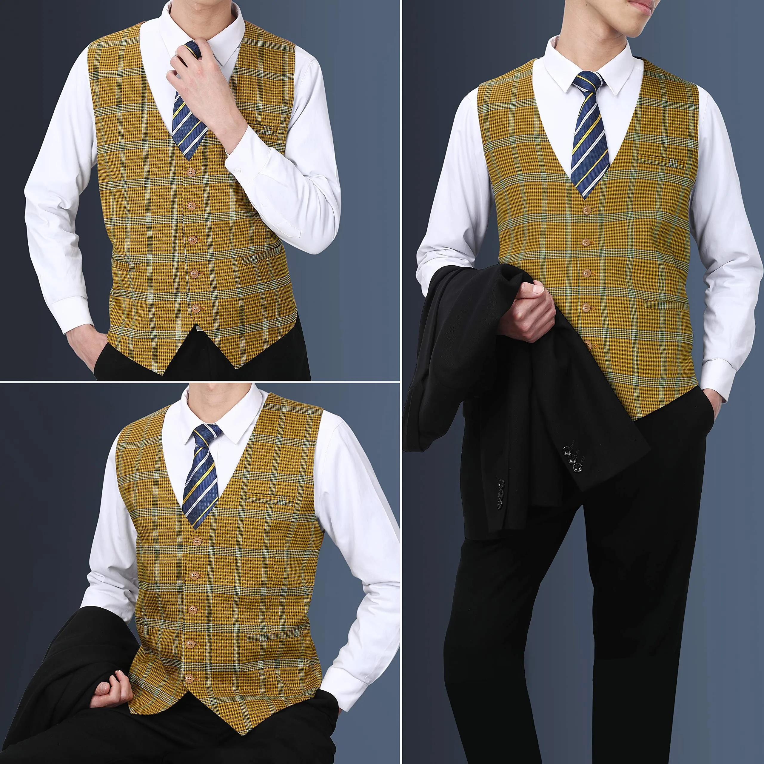 Plaid Slim Suit Vest - A9-YELLOW