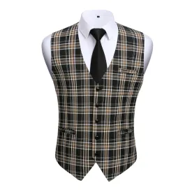 Plaid Slim Suit Vest - B3-BROWN/BLACK