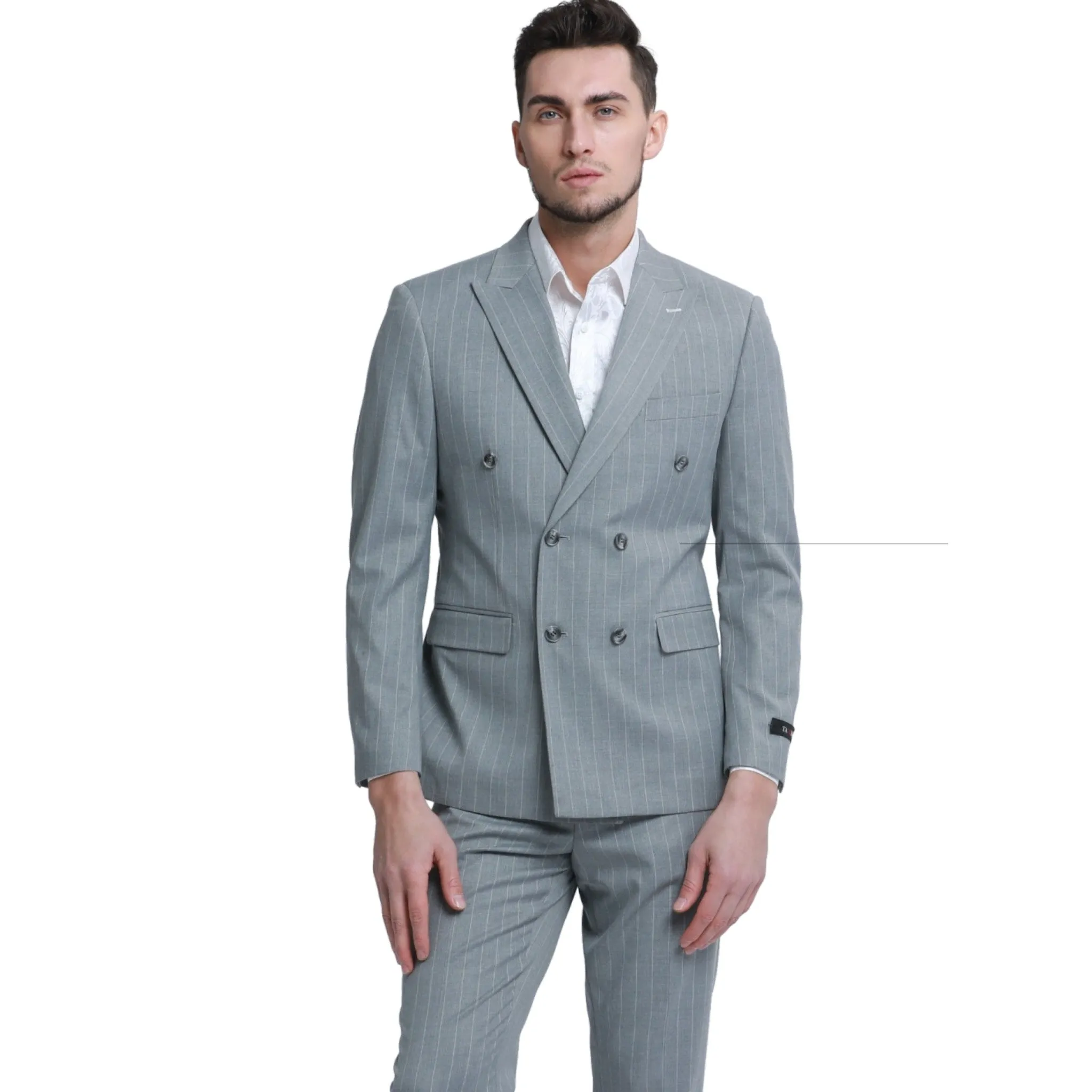 Premium Grey Pinstripe Double-Breasted Suit – Tailored Elegance