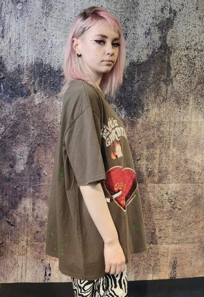 Psycho slogan t-shirt graffiti heart tee god top in brown