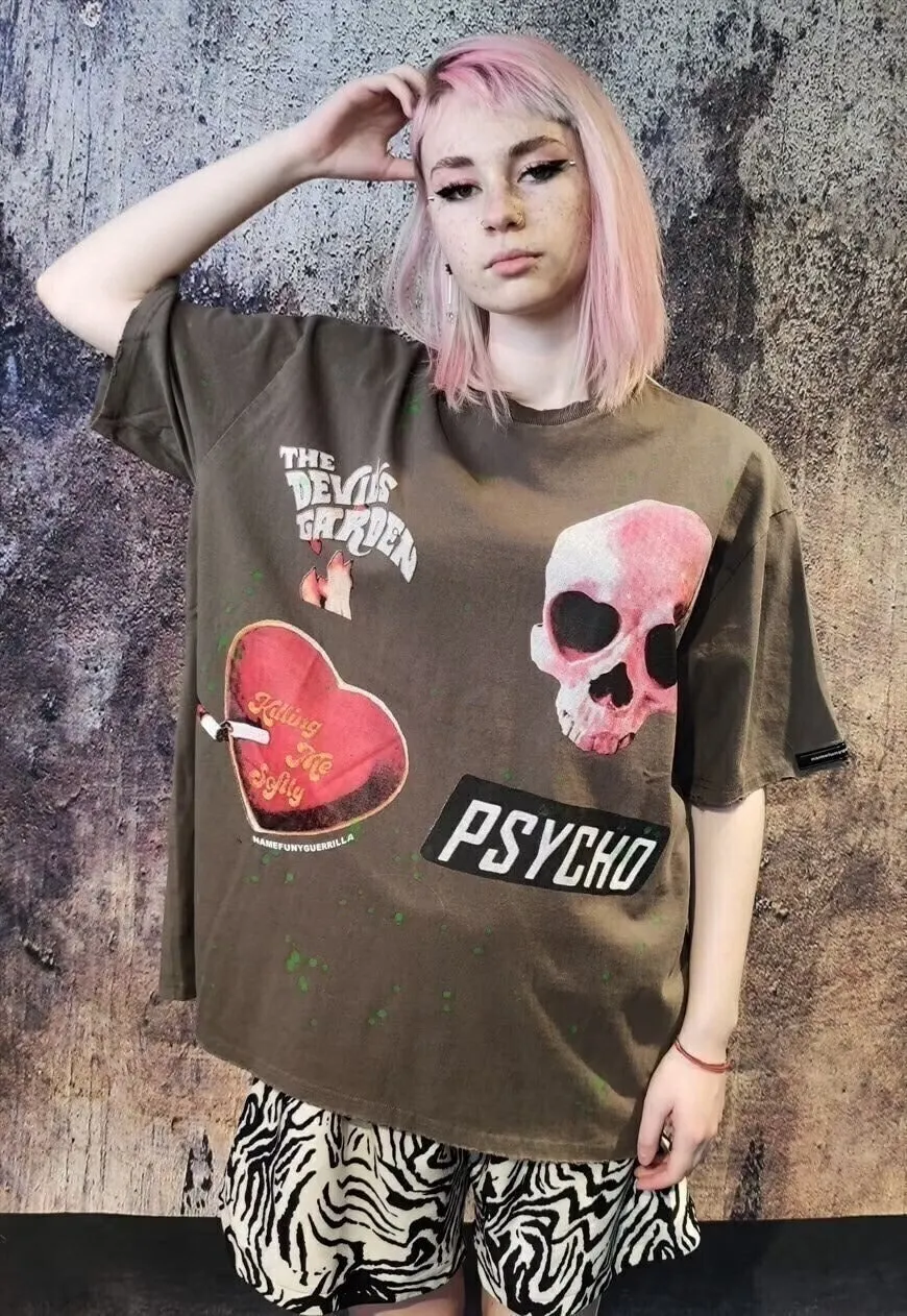 Psycho slogan t-shirt graffiti heart tee god top in brown