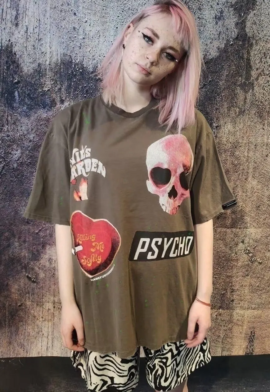 Psycho slogan t-shirt graffiti heart tee god top in brown