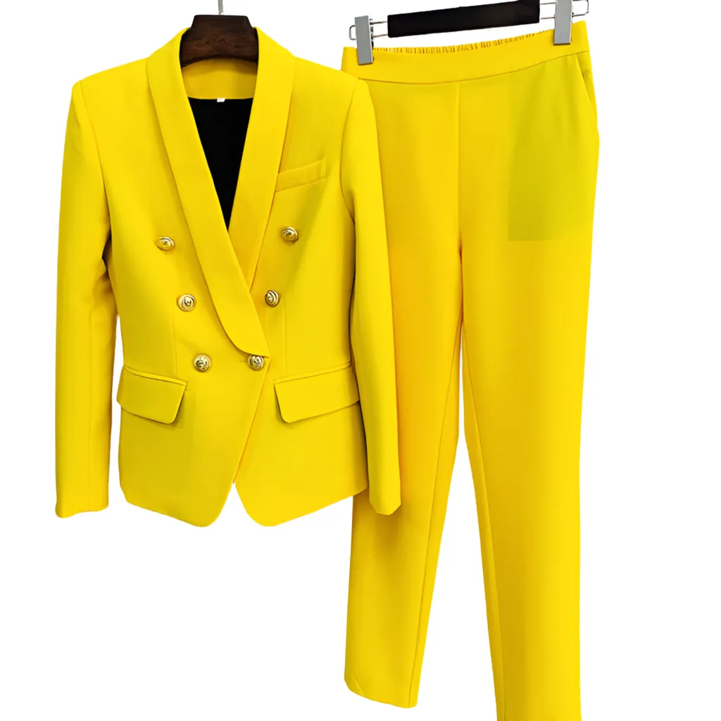 Refined, Yellow Double-Breasted Women's Jacket and Trousers Set with Lion Head Buttons