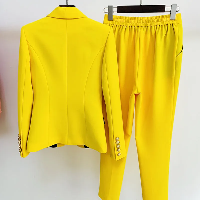 Refined, Yellow Double-Breasted Women's Jacket and Trousers Set with Lion Head Buttons