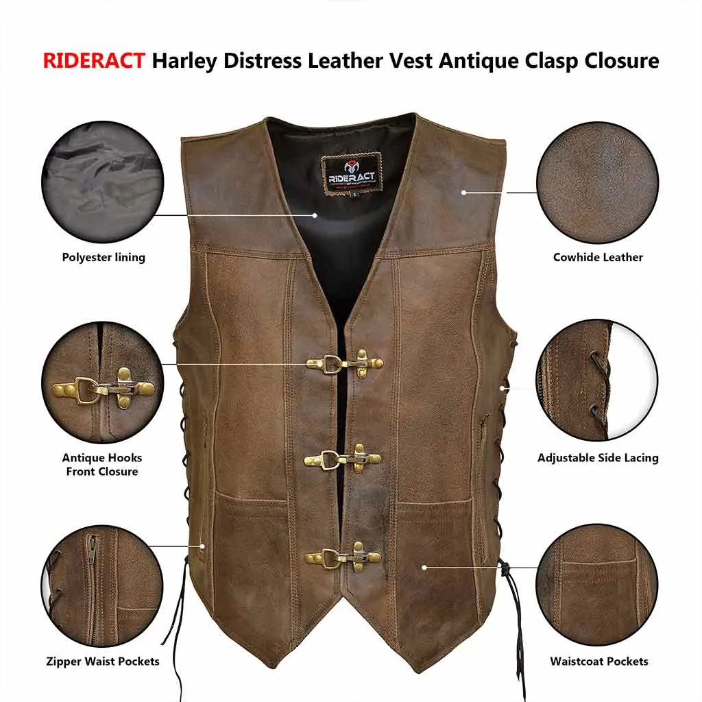 RIDERACT® Harley Distress Leather Vest Antique Clasp Closure