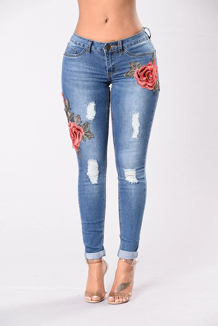 Rose Printed Ripped Jeans Pants