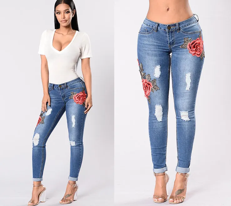 Rose Printed Ripped Jeans Pants