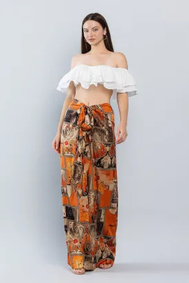 Rust Oriental Mood Print Wide Satin Pants