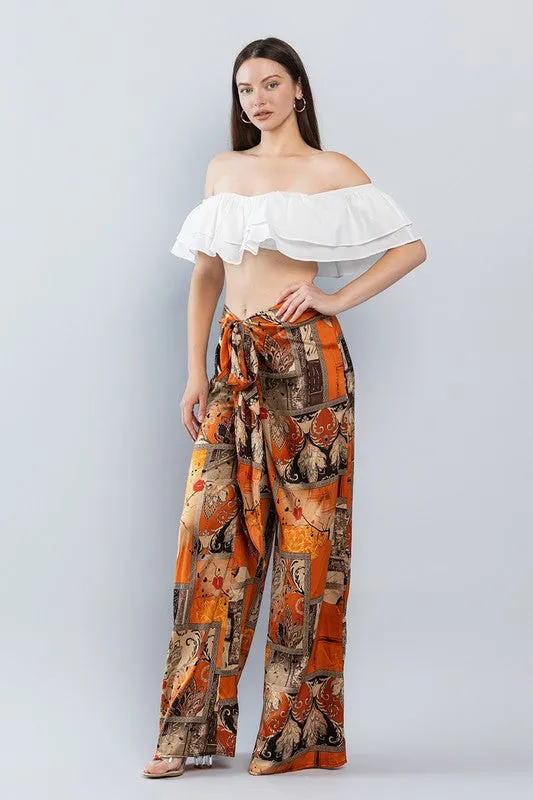 Rust Oriental Mood Print Wide Satin Pants