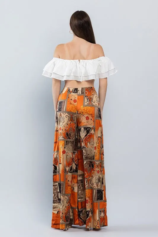 Rust Oriental Mood Print Wide Satin Pants