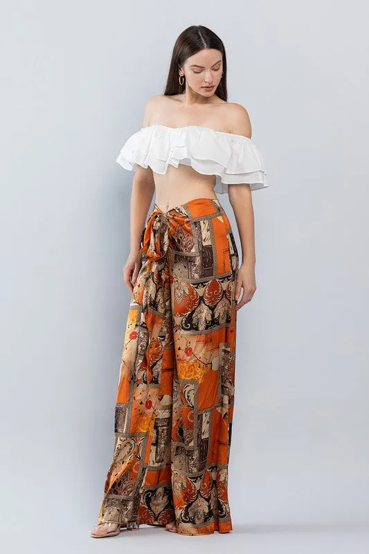 Rust Oriental Mood Print Wide Satin Pants