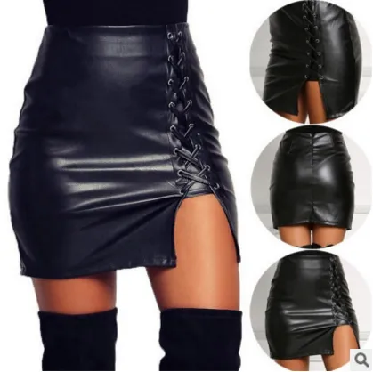 Side Slit Lace-Up PU Leather Skirt