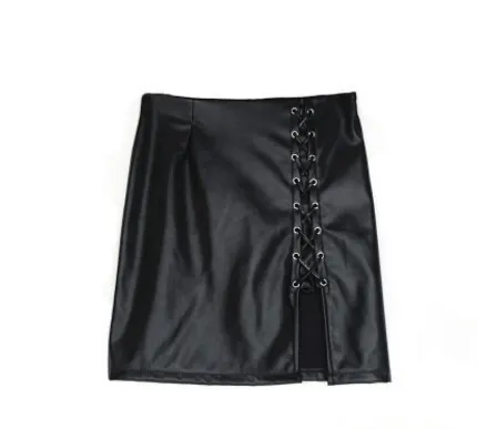 Side Slit Lace-Up PU Leather Skirt