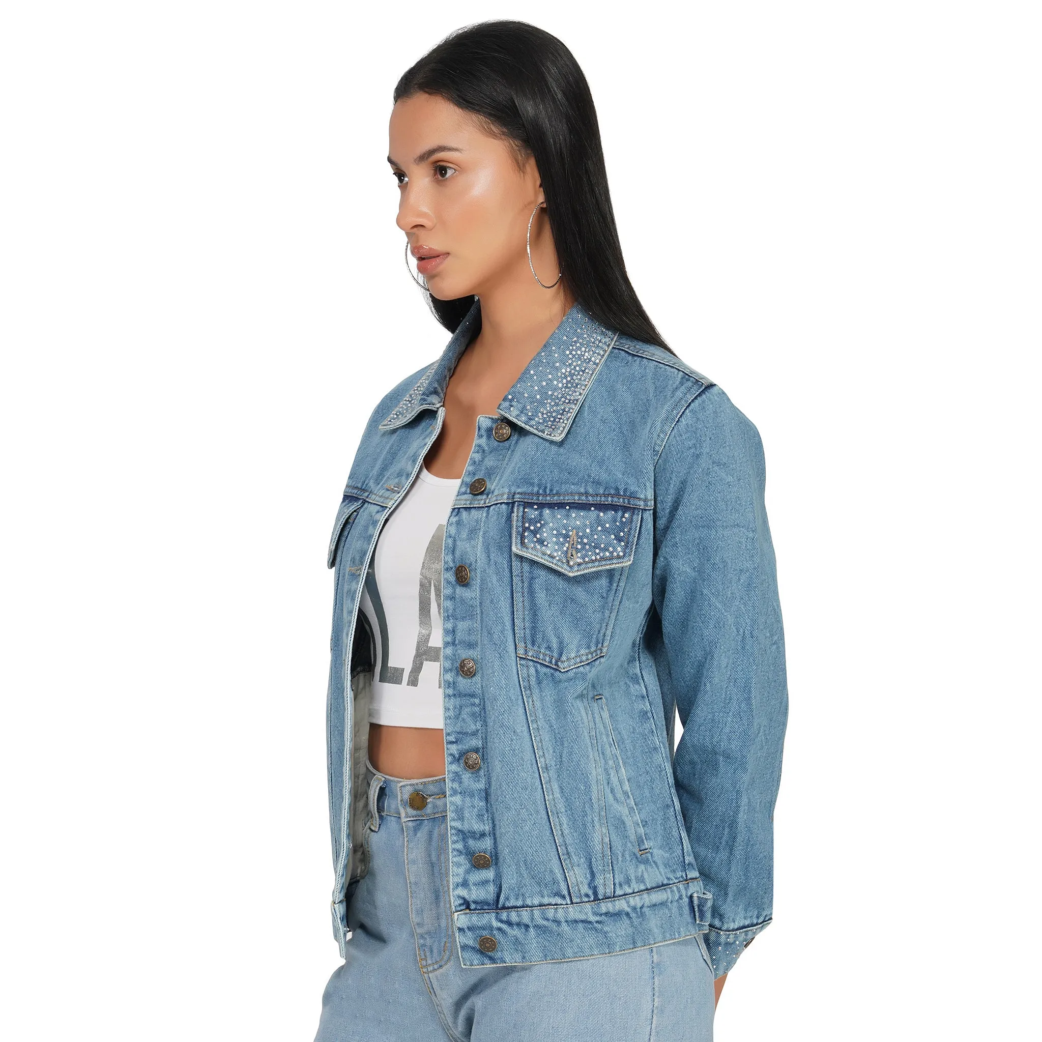 SLAY. Women's Crystal Studded Collar/Sleeve Washed Denim Button-Down Vintage Denim Jacket