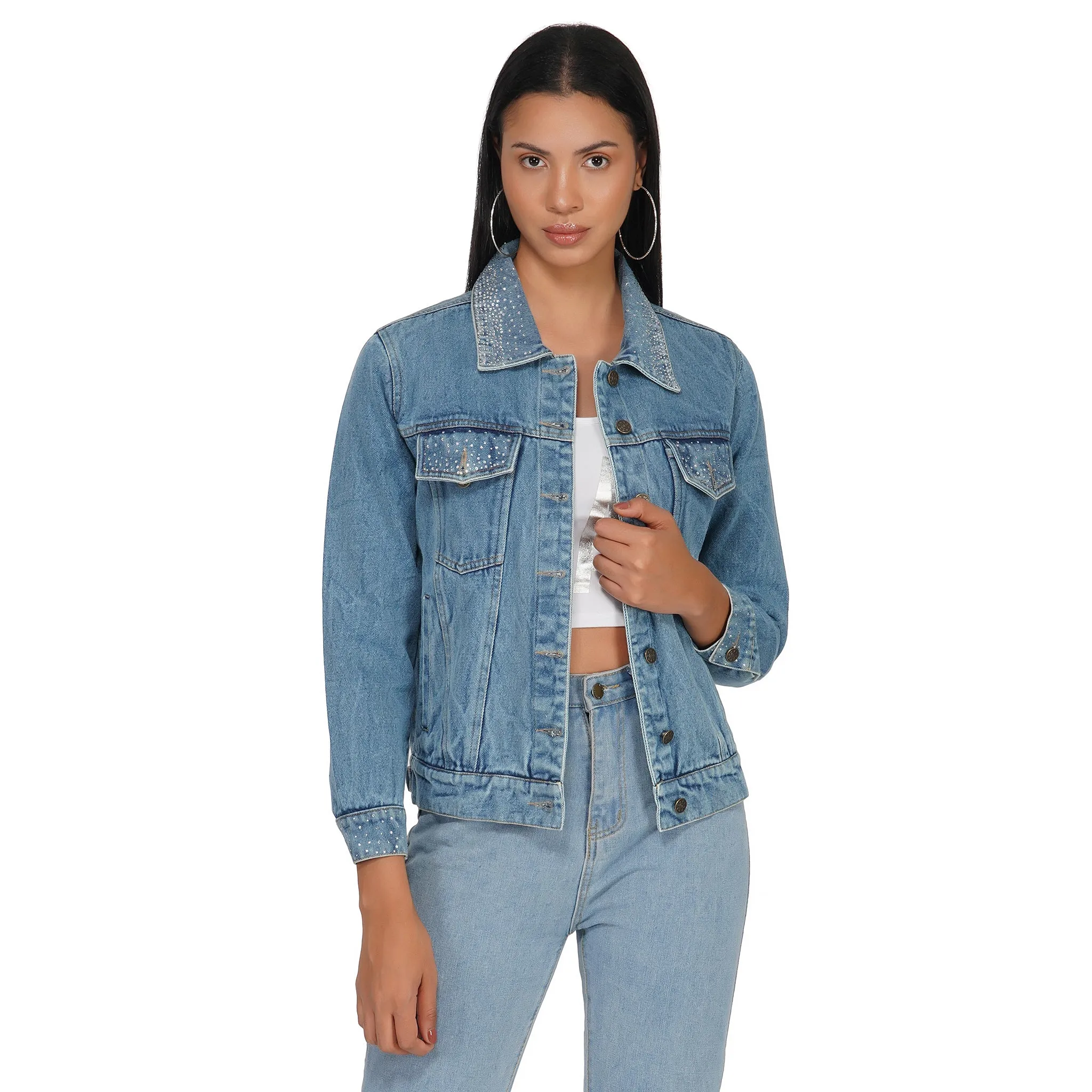 SLAY. Women's Crystal Studded Collar/Sleeve Washed Denim Button-Down Vintage Denim Jacket