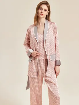 Slessic Satin Houndstooth Three Piece Camisole Robe Pajama Set