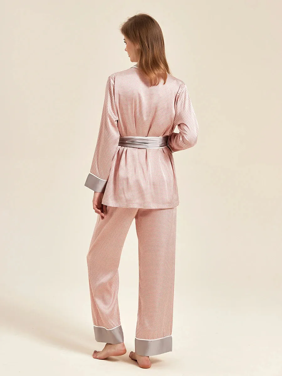 Slessic Satin Houndstooth Three Piece Camisole Robe Pajama Set