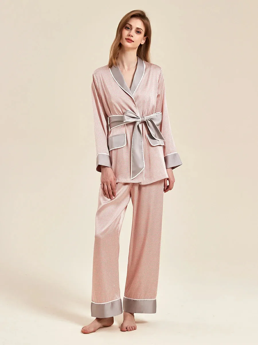 Slessic Satin Houndstooth Three Piece Camisole Robe Pajama Set