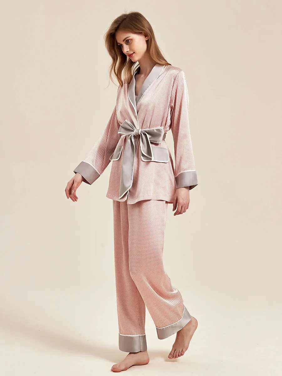 Slessic Satin Houndstooth Three Piece Camisole Robe Pajama Set