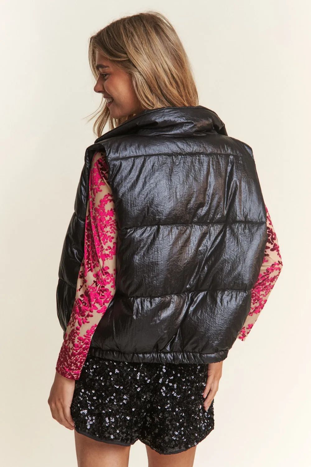 Snap and Zipper Shiny Metallic Puffer Vest