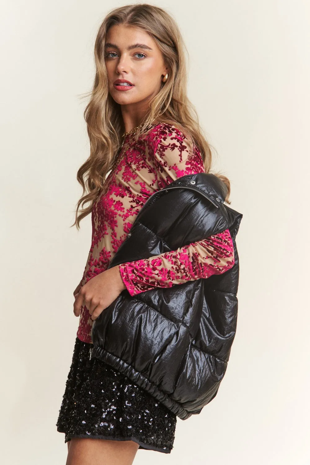 Snap and Zipper Shiny Metallic Puffer Vest