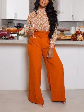 Solid Belt Wide Leg Pants