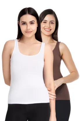 Solid High Coverage Round Neck Modal Vest (Pack of 2) - Cacao Nibs - White