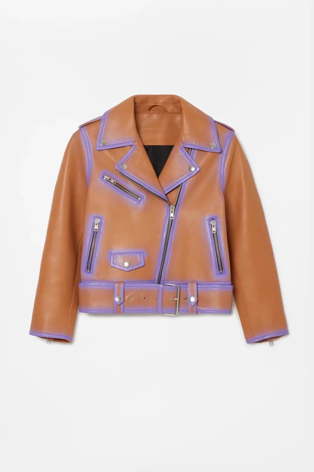 Stand Studio - Icon Biker Jacket: Tan/Neon Violet