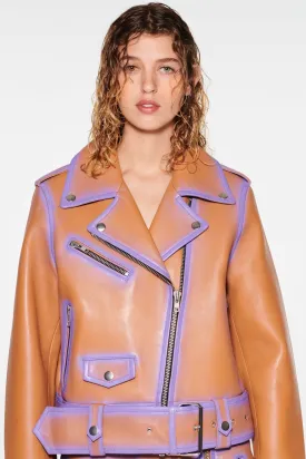 Stand Studio - Icon Biker Jacket: Tan/Neon Violet