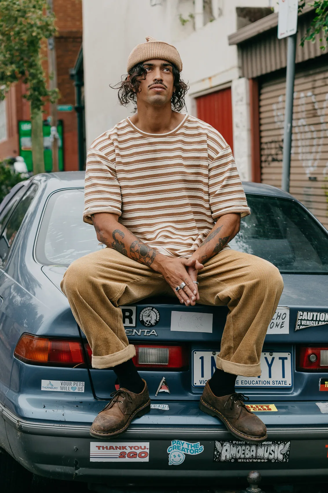 Striped Textured T-shirt - Brown and Cream