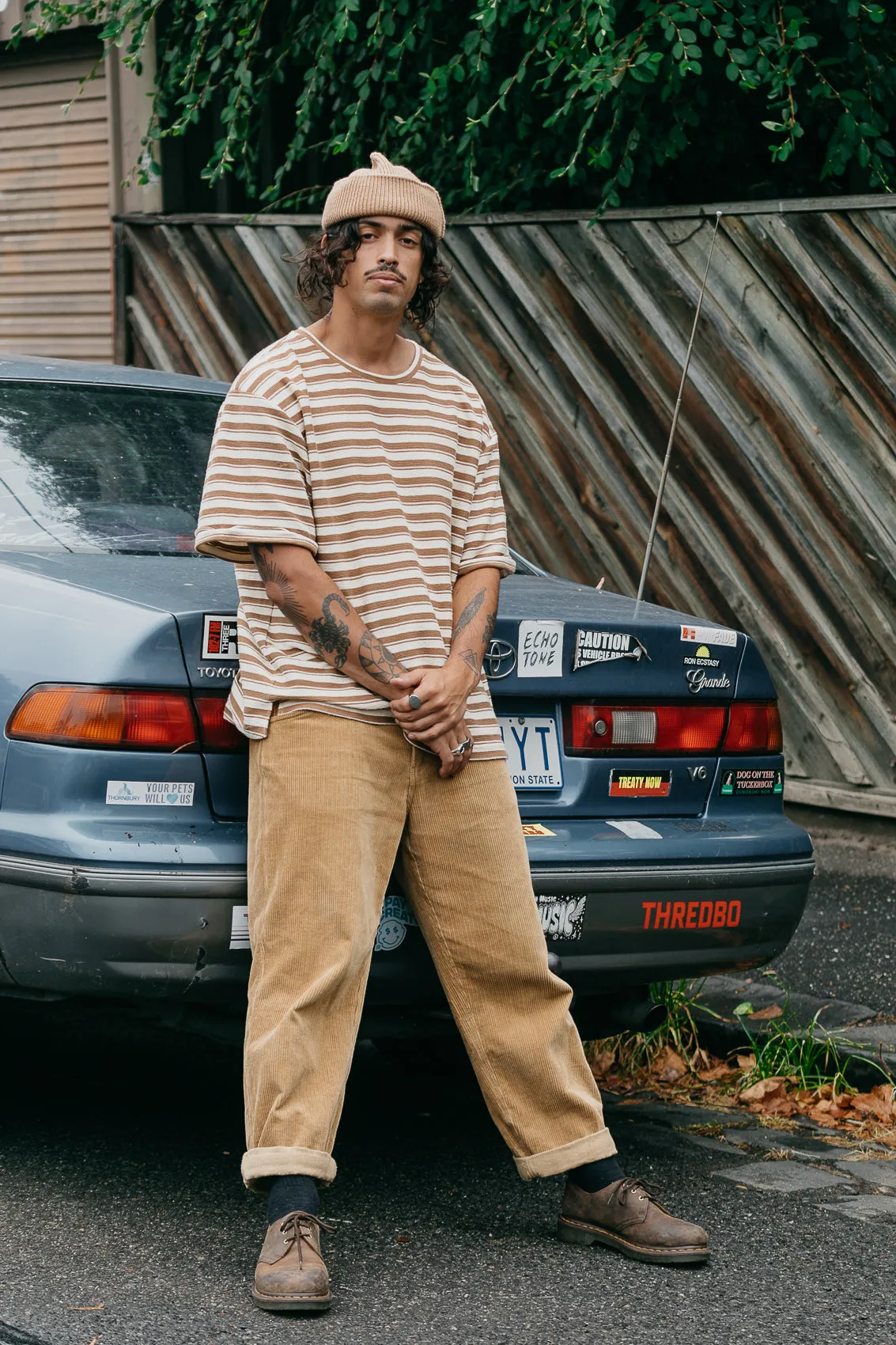 Striped Textured T-shirt - Brown and Cream