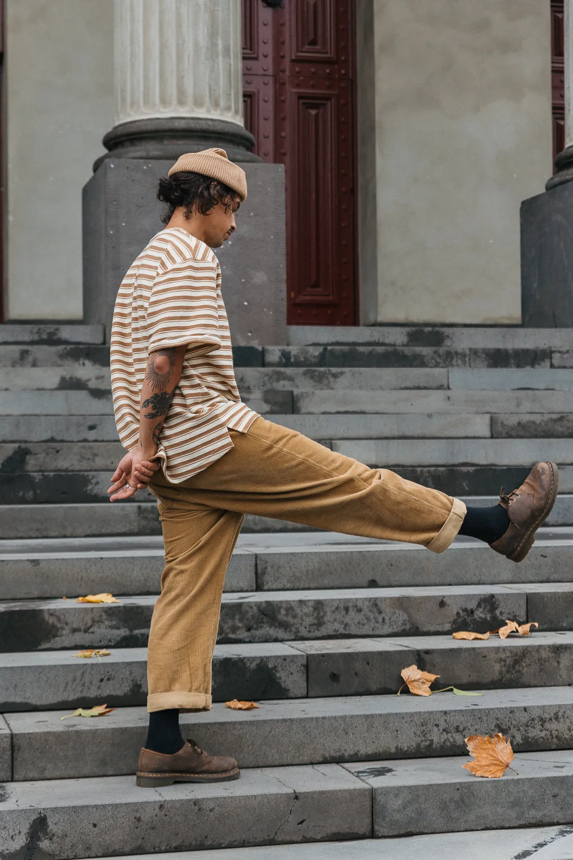 Striped Textured T-shirt - Brown and Cream