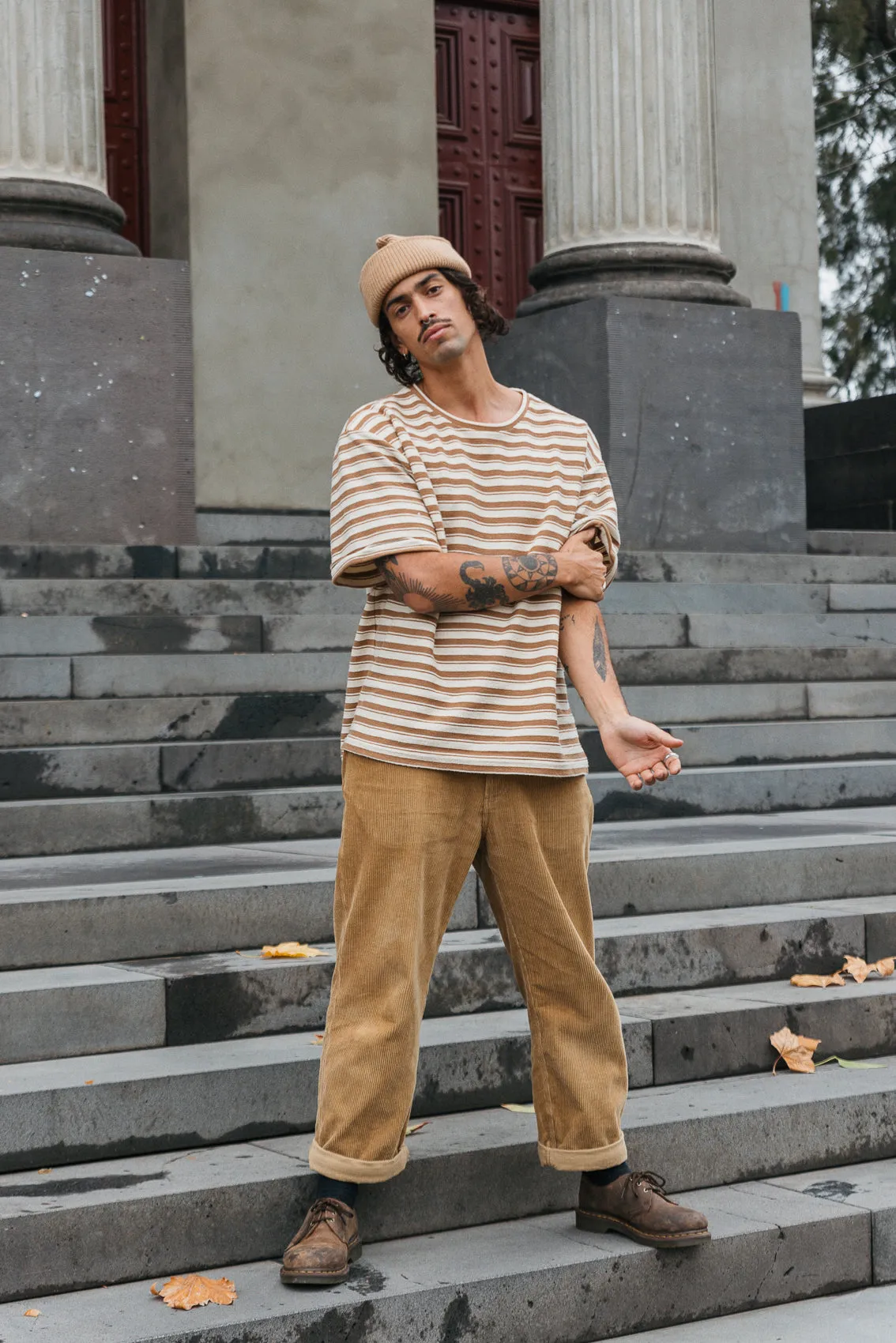 Striped Textured T-shirt - Brown and Cream