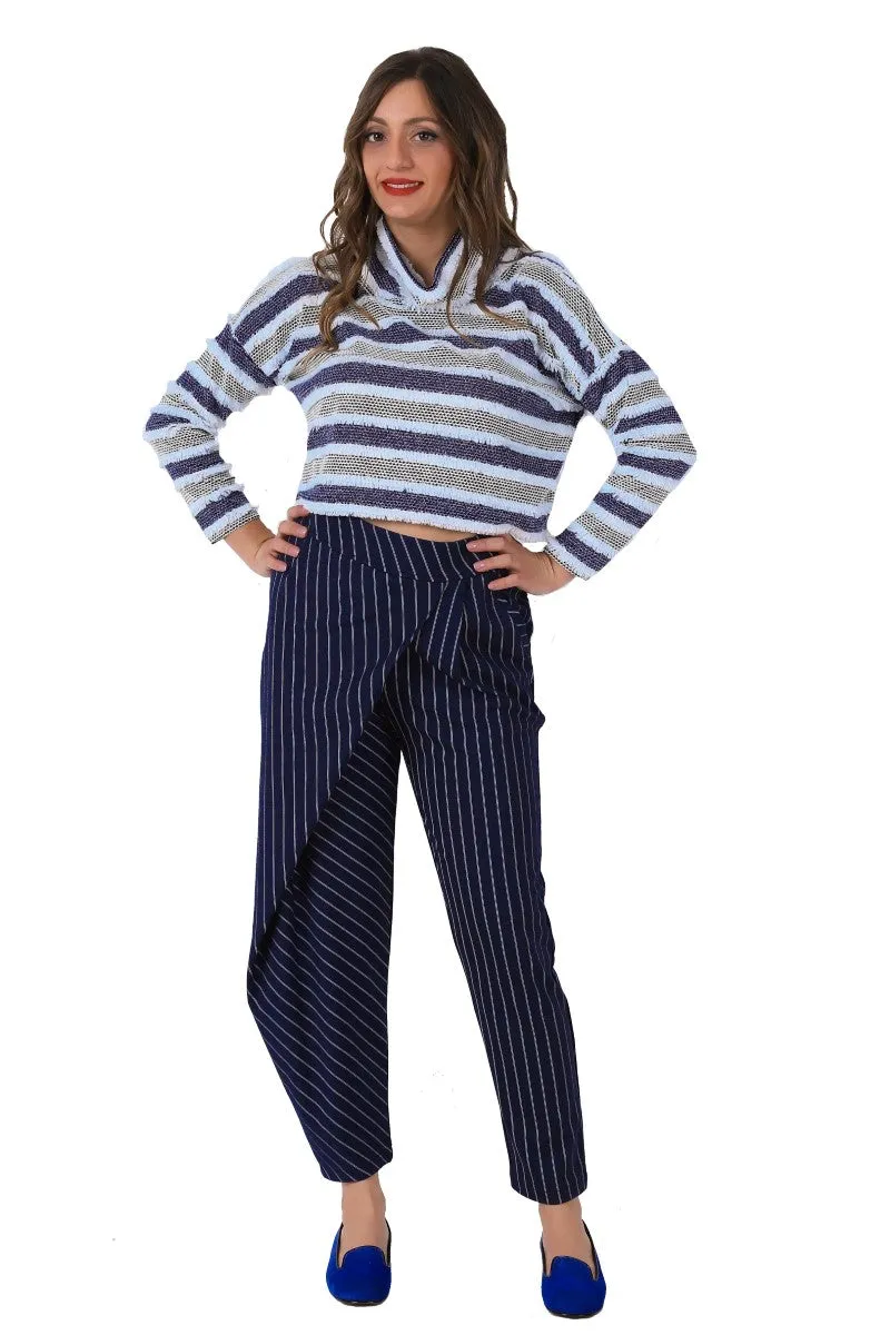 Stripped Dark Blue Casual Pants