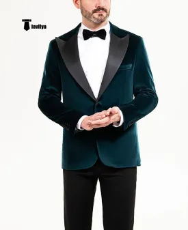 Stylish Men's Suit 2 Pieces Velvet Peak Lapel Tuxedo For Party (Blazer Black Pants)