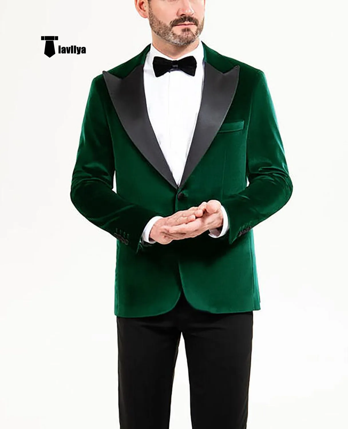 Stylish Men's Suit 2 Pieces Velvet Peak Lapel Tuxedo For Party (Blazer Black Pants)