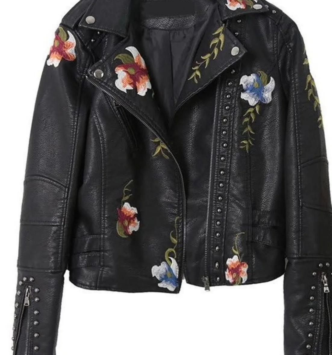 The Harley Black Moto Faux Leather Jacket w/Floral Embroidery and Zipper Closure