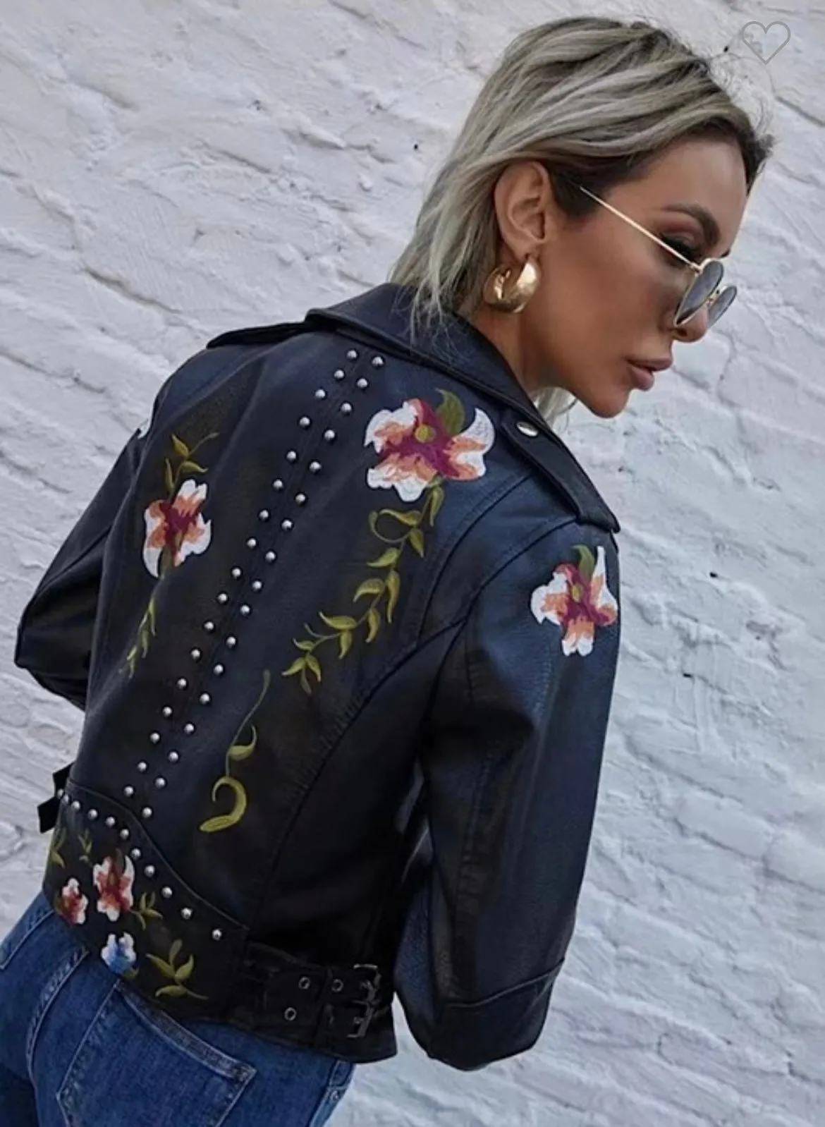 The Harley Black Moto Faux Leather Jacket w/Floral Embroidery and Zipper Closure