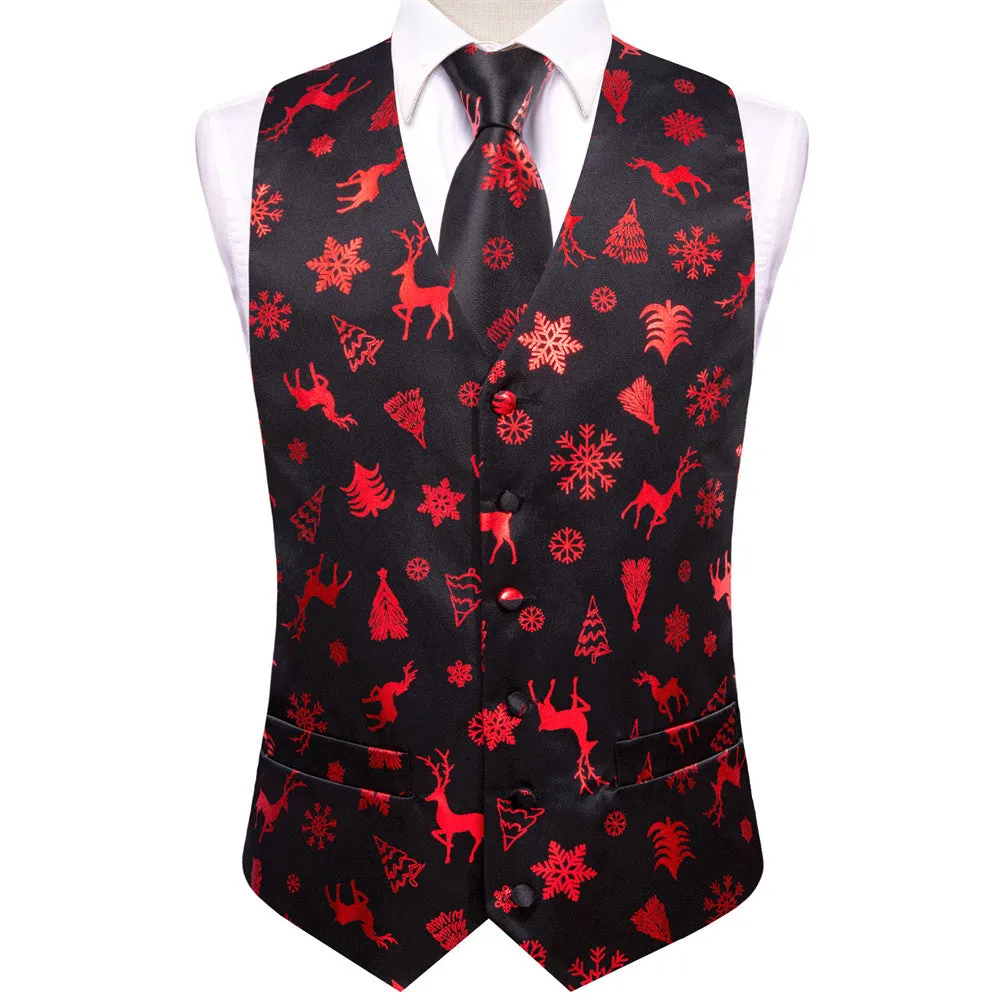 Ties2you Mens Silk Waistcoat Black Red Christmas Elements Vest Necktie Set